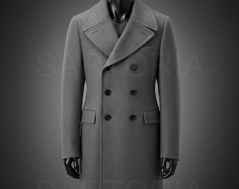 May include: A gray double-breasted overcoat with a classic design. The coat features a notched lapel, two rows of buttons, and front pockets. The coat is displayed on a black mannequin.