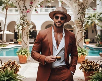 Pode incluir: Um homem de fato castanho, camisa branca e chapéu de palha, segurando uma pequena xícara de café. Ele está usando óculos de sol. O fundo inclui uma piscina, plantas em vasos e um arco branco com flores.