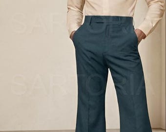 Completo da uomo vintage anni '70 con pantaloni a zampa e camicia da discoteca color crema / Pantaloni a campana retrò, maniche lunghe, colletto ampio, camicia button-down