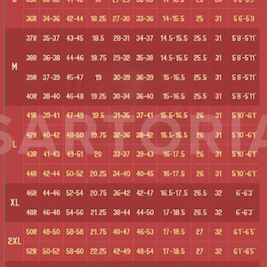 K&ouml;nnte beinhalten: Eine rote Gr&ouml;&szlig;entabelle f&uuml;r Jacken mit wei&szlig;em Text, die Spalten f&uuml;r Jackengr&ouml;&szlig;e, Brust, Oberarm, Schulter, Taille, H&uuml;fte, Hals, &Auml;rmel, L&auml;nge und K&ouml;rpergr&ouml;&szlig;e in Zoll enth&auml;lt. Das Wort SARTORIA ist in gro&szlig;en wei&szlig;en Buchstaben aufgedruckt.