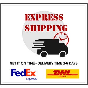 K&ouml;nnte beinhalten: Eine Grafik mit dem roten Text EXPRESS SHIPPING &uuml;ber einer schwarzen Silhouette eines Lieferwagens mit Bewegungslinien und einem roten Uhrensymbol. Darunter steht der Text GET IT ON TIME - DELIVERY TIME 3-6 DAYS &uuml;ber den FedEx und DHL Express Logos.