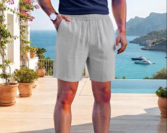 Pantaloncini da uomo in lino di alta qualità con elastico in vita / Leggeri, ideali per l'estate e per un look casual / Comodi e rilassati, perfetti per le vacanze e per tutti i giorni.