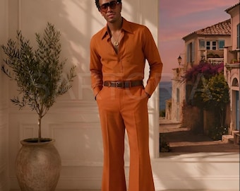 70s Vintage Men Orange Flare Suit 1970s Disco Retro Tailored Trouser Suit Custom Wide Collar Shirt Outfit Groovy Party Wear