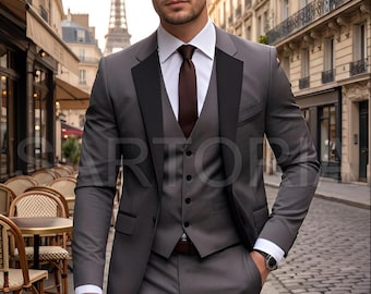 Smoking de três peças em cinza carvão requintado com lapelas pretas contrastantes: o máximo em elegância moderna inspirada no estilo francês.