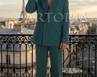 Parisian Panache: The Ultimate Emerald Green Double-Breasted Terry Rayon Oversized Suit for the Modern Trendsetter