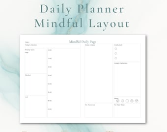 May include: A white daily planner page with the text "Daily Planner Mindful Layout." The page includes sections for tasks, notes, gratitude, and mood tracking. The planner is labeled "Undated - Minimalist - Daily Page."