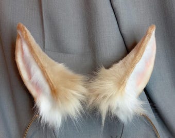 Diadema de orejas de zorro fennec hecha a mano, piel sintética Vulpes Zerda, orejas de zorro del desierto, lindos accesorios de cosplay de anime, regalo peludo