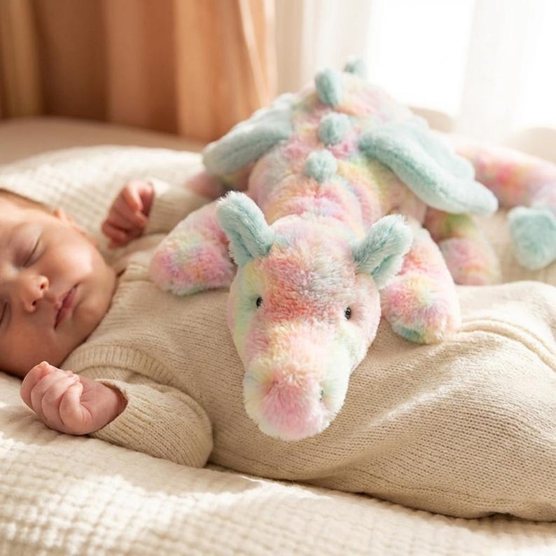 May include: A soft, pastel-coloured dragon toy with blue detailing, lying on a cream blanket. The dragon is a mix of pink, yellow, and blue. The toy has a cuddly appearance, suitable for a nursery or child's room. The toy is made of soft material.