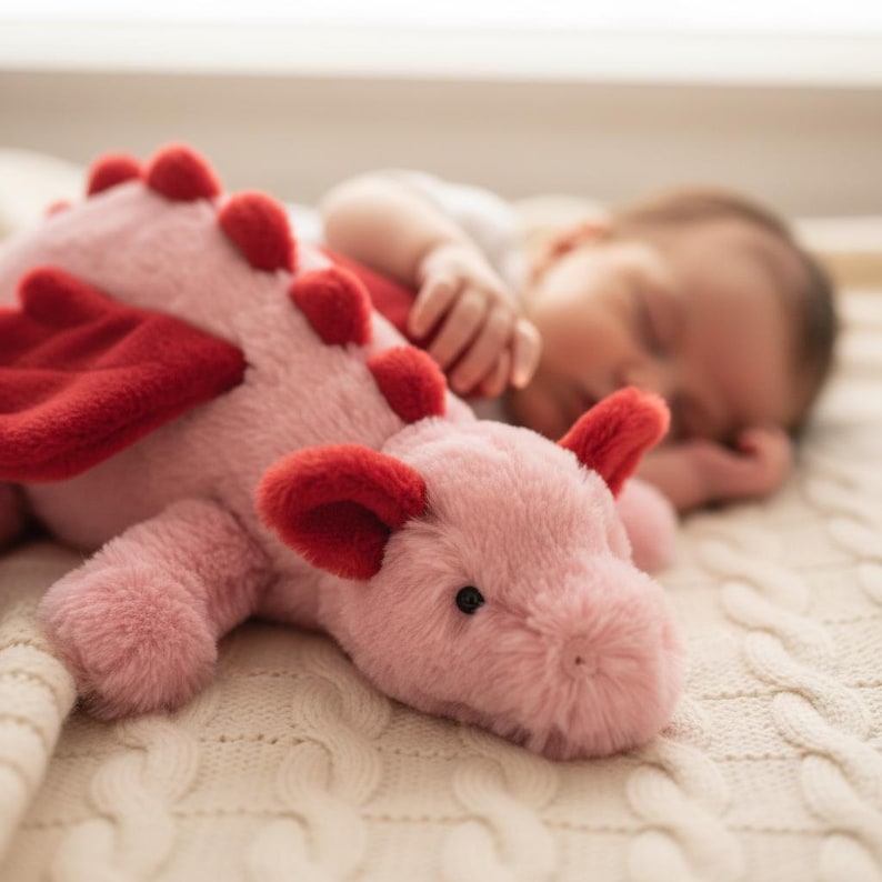 May include: A pink plush dragon toy with red wings and spikes lies on a cream-coloured blanket. The toy has black eyes and is positioned near a sleeping baby, creating a gentle scene.