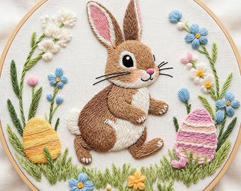 Easter Bunny Embroidery Kit for Beginners – Modern DIY Floral Hoop Art