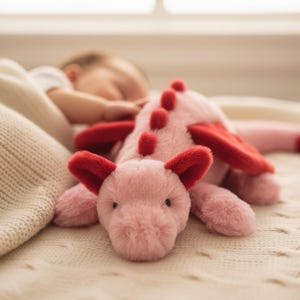 May include: A pink plush dragon toy with red wings and dorsal spikes. The toy is lying on a cream-colored blanket. The dragon has small black eyes. The toy is designed for children and is made of soft material.
