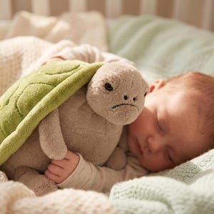 Puede incluir: Un peluche de tortuga con caparazón verde y cuerpo gris descansa junto a un bebé dormido. La tortuga tiene una expresión ligeramente gruñona. El bebé lleva un body de color claro y está sobre una manta suave.