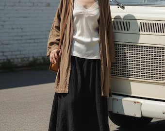 Women Boho Linen Open Front Kimono Cardigan Batwing Sleeve Oversized Midi Length Breathable Lightweight Casual Loose Fit Nature Style