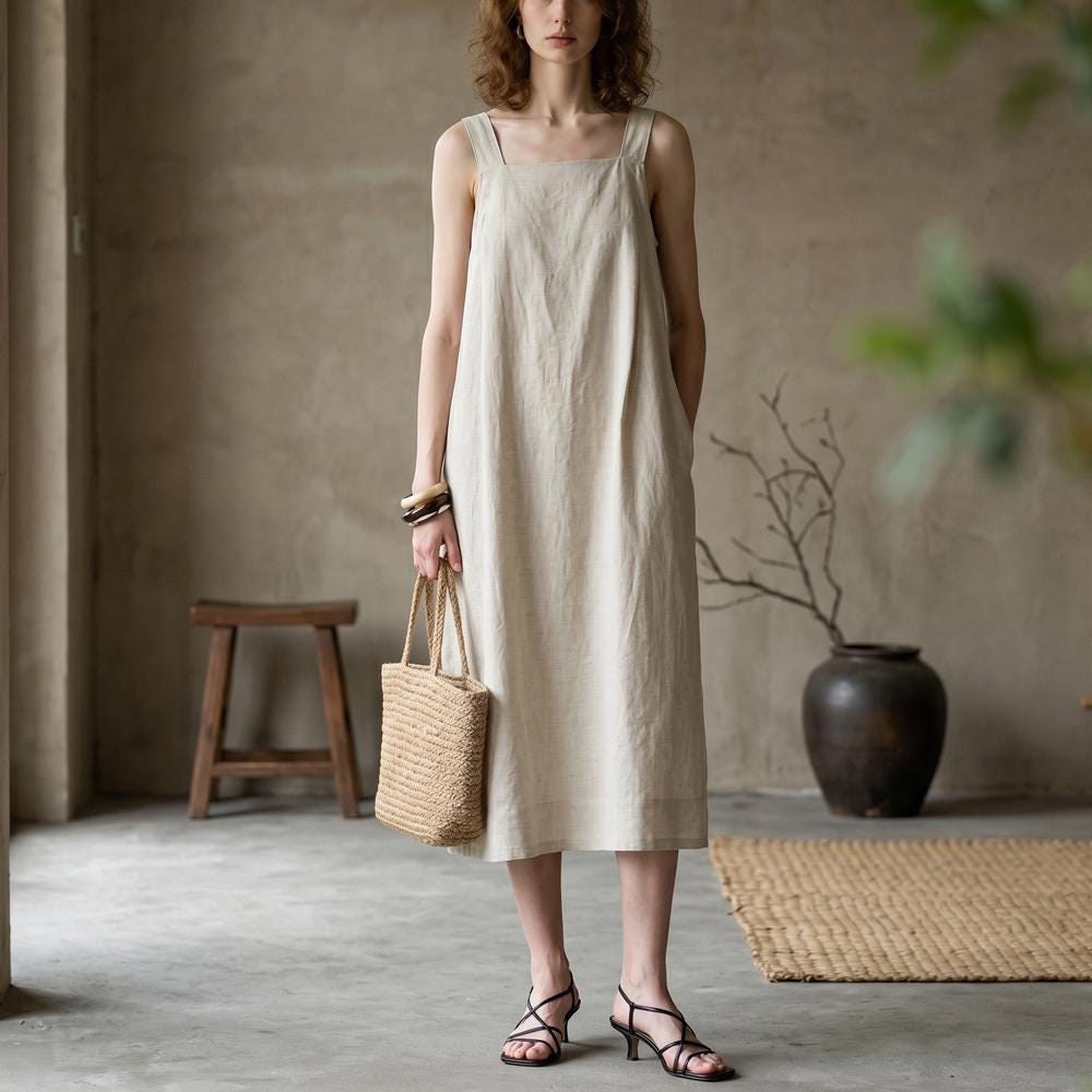 Natural Beige Linen Midi Dress