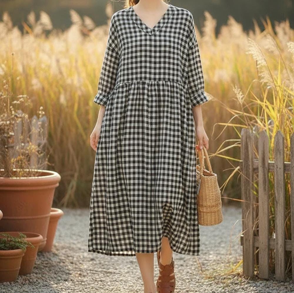 slim fit dress slacks Ingrid & Isabel Ruffle Sleeve Midi Dress - Black/White Windowpane main image 1