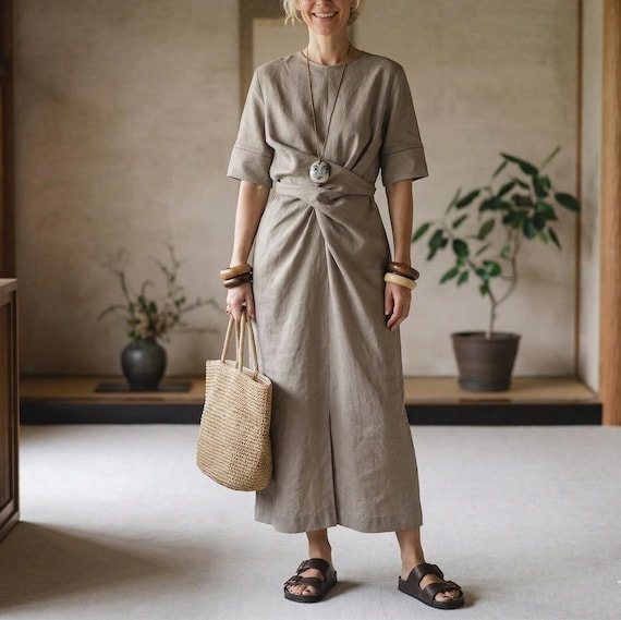 Women Beige Linen Office Dress Short Sleeve Twist Waist Minimalist Breathable Lightweight Loose Fit Midi Split Hem Summer Work Dress