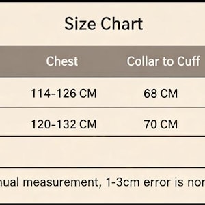 Pu&ograve; includere: Una tabella delle taglie con misure in centimetri. La tabella include le taglie L e XL, con le corrispondenti misure per lunghezza, petto e colletto al polsino. Il testo "Manual measurement, 1-3cm error is normal, please understand!" &egrave; in basso.