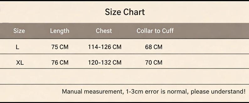 Pu&ograve; includere: Una tabella delle taglie con misure in centimetri. La tabella include le taglie L e XL, con le corrispondenti misure per lunghezza, petto e colletto al polsino. Il testo "Manual measurement, 1-3cm error is normal, please understand!" &egrave; in basso.