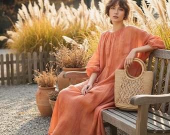 Washed Linen Maxi Dress Women Soft Textured Loose Casual Summer Linen Long Dress,plus size dress,Flowy linen dress,Oversized linen dress