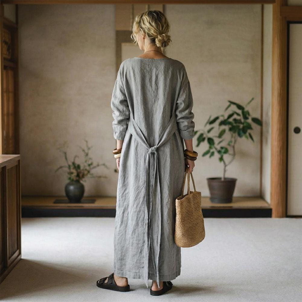 chinese dress ladies 100% Linen Bateau Neck Pleated Maxi Dress Abigail, Natural Linen / XL