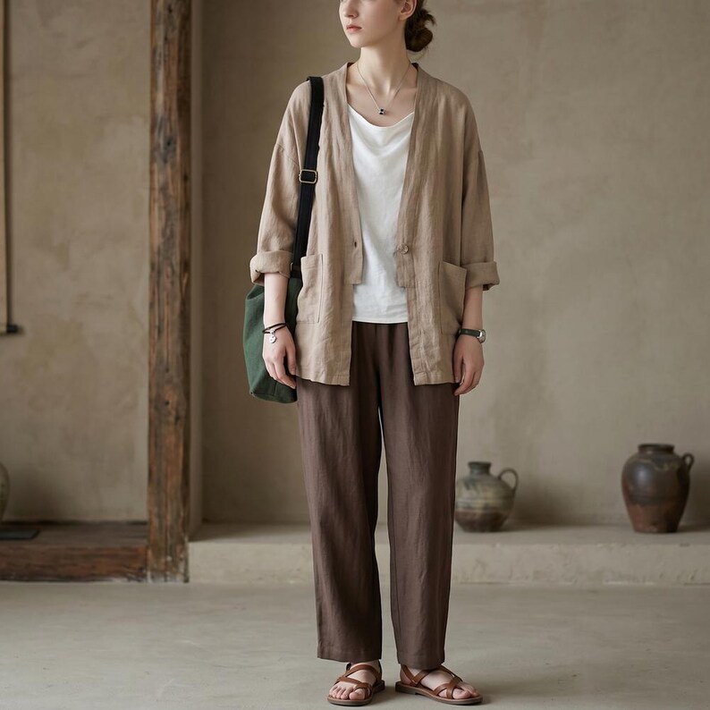 Pu&ograve; includere: Una persona indossa una giacca di lino beige, una maglietta bianca e pantaloni marroni. La giacca ha tasche e una vestibilit&agrave; rilassata. L'outfit &egrave; abbinato a sandali marroni e una borsa a tracolla verde. Lo stile generale &egrave; casual e confortevole.