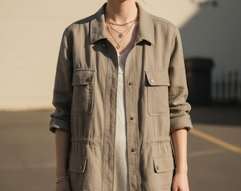 Women Grey Linen Utility Jacket Oversized Button Down Breathable Lightweight Casual Minimalist Drawstring Waist with Pocket,Anniversary gift