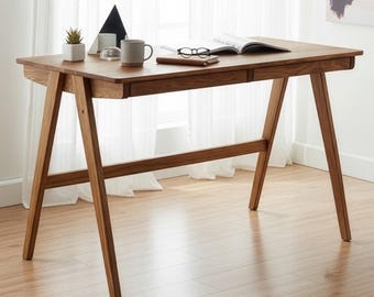 Handmade Oak Writing Desk with 2 Drawers – Solid Wood Mid Century Modern Home Office