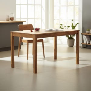 Puede incluir: Mesa de comedor rectangular de madera con una silla a juego. La mesa mide aproximadamente 152 cm de largo y tiene un acabado de madera natural. Un cuenco de bayas y un libro abierto están sobre la mesa. Una planta en maceta está cerca.