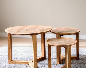 Juego de 3 mesas de centro redondas de roble – Decoración moderna japonesa artesanal para sala de estar