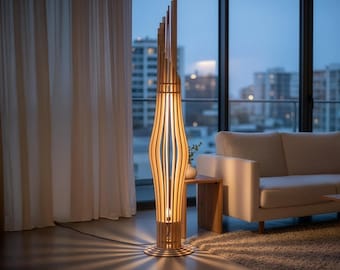 Handmade Wooden Floor Lamp – Tall Standing Lamp, Unique Modern Light for Living Room, E27