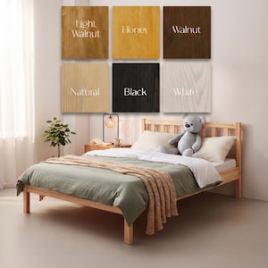 Estructura de cama de pino macizo con listones – Cama de plataforma de madera hecha a mano, dormitorio bohemio, colores personalizados