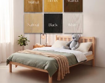 Estructura de cama de pino macizo con listones – Cama de plataforma de madera hecha a mano, dormitorio bohemio, colores personalizados