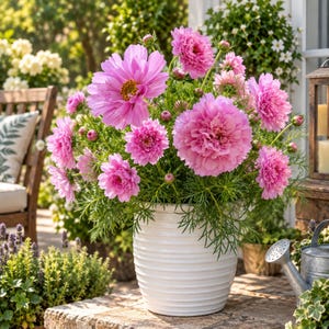 Può includere: Un vaso in ceramica bianca con scanalature orizzontali contenente una rigogliosa composizione di fiori di cosmea rosa brillante. La pianta presenta numerosi fiori rosa completamente sbocciati e arricciati, piccoli boccioli e fogliame verde.