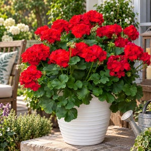 May include: A vibrant potted geranium plant featuring clusters of bright red flowers and lush green leaves. The plant is housed in a white, horizontally ribbed, round ceramic pot, creating a clean contrast against the vivid red petals.