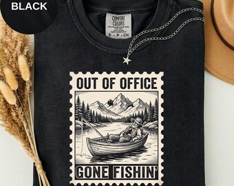 Out Of Office Gone Fishin Shirt, Vintage Rowboat Fishing Tee, Comfort Colors Woodcut Fishing Shirt, Retired Fisherman Gift