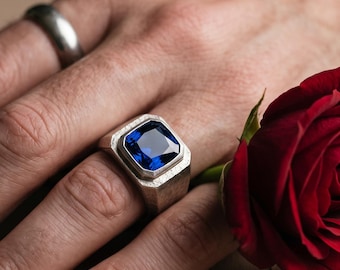 Anello con sigillo in zaffiro blu e argento sterling, anello da uomo di tendenza, regalo per lui, regalo di compleanno in argento sterling 925 per lei