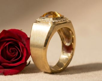 Natural Citrine Signet Ring 14k Solid Gold Statement Ring November Birthstone Gift, Moissanite accents Ring
