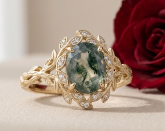 Moss Agate Leaf Engagement Ring Nature Inspired Gold Botanical Ring, Wedding Ring, Engagement Ring,  Anniversary Ring Gift For Her