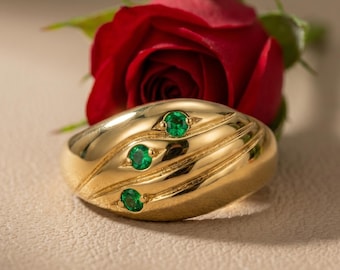 Gold Vermeil Lab Emerald Dome Ring, Sculptural Statement Ring, Emerald Gift for her