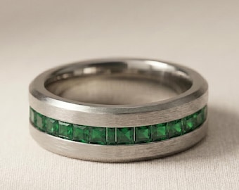 Mens Emerald Wedding Band 14K Gold Vermeil Green Channel Ring, Gold Statement Ring, Luxury Gift for Him