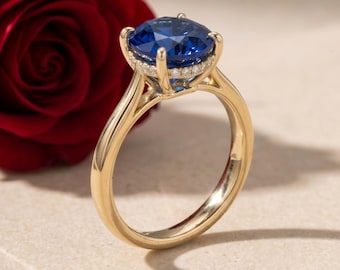 Anello solitario con zaffiro blu sintetico rotondo, placcato in oro 14 carati, anello di fidanzamento/promessa, argento sterling 925, regalo di compleanno per lei
