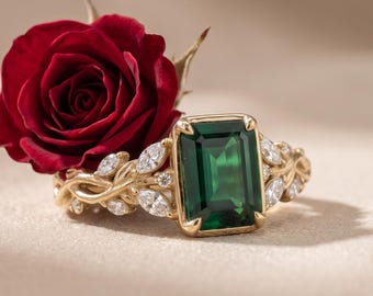 Anello con tormalina verde taglio smeraldo in vermeil d'oro 14 carati, anello di fidanzamento ispirato alla natura.