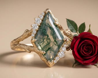 Moss Agate Engagement Ring Kite Cut Nature Inspired Gold Branch Ring, Wedding Ring, Engagement Ring,  Anniversary Ring Gift For Her