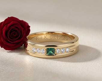 Fede nuziale personalizzata con smeraldo in oro giallo, anello da uomo con smeraldo in argento sterling 925, anello in oro, regalo di lusso per lui