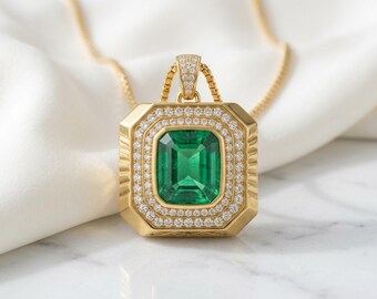 Lab Emerald Halo Pendant Necklace, 14K Gold Vermeil Emerald Necklace, Vintage Emerald Pendant, Sterling Silver Gift for Her