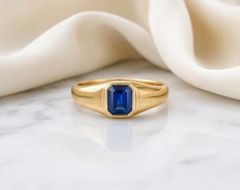 Emerald Cut Lab Blue Sapphire Ring, 14K Gold Vermeil Ring, Sterling Silver Signet Ring, Vintage Style Promise Ring Gift