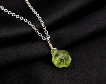 Raw Peridot Pendant Necklace, Natural Green Peridot Crystal, August Birthstone Jewelry, Healing Gemstone Necklace, 2 Day Delivery
