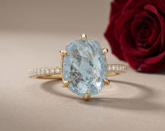 Natural Raw Aquamarine Engagement Ring 14K Gold Vermeil Moissanite Ring, 925 Sterling Silver Birthday gift for her
