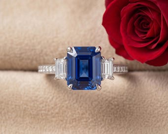 Anello di fidanzamento a tre pietre con zaffiro blu taglio smeraldo, anello vistoso in oro bianco, vermeil d'oro 14 carati, argento sterling 925, regalo di compleanno per lei
