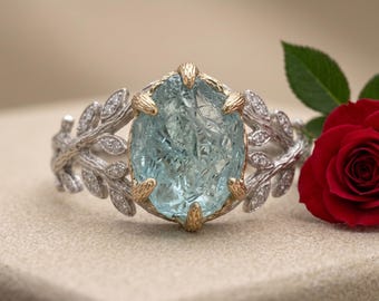 Anello di fidanzamento con acquamarina grezza, placcato oro 14 carati, ramo naturale, foglia, moissanite, argento sterling 925, regalo di compleanno per lei